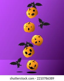 Halloween Pumpkin it so cute and baby Bat on Violet Background.Halloween Vector