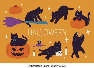 Calabaza de Halloween y una bonita colección de gatos negros. ilustración vectorial de estilo de diseño plano.