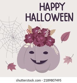 Halloween pumpkin. Cute carved pumpkin with flower. Vector illustration