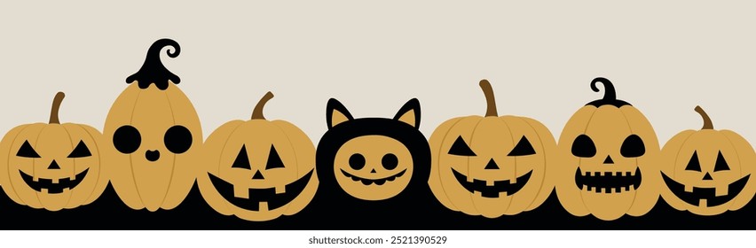 Cartaz de abóbora de Halloween bonitos personagens, assustadoras silhuetas de lanternas de abóbora. Spooky engraçado jack-o-lanternas halloween cartaz vetor ilustração de fundo