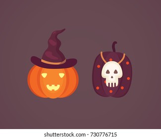 Halloween pumpkin with cute face on dark background. Vector cartoon Illustration.