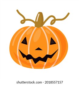 Halloween pumpkin with a cute, frightening face on a transparent background. Funny vegetable from the 2021 harvest for Thanksgiving. Isolated vector illustration.