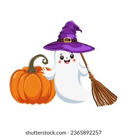 Halloween pumpkin and a cute ghost in a purple witch hat and a broom in his hand. Traditional symbol and design element for Halloween celebration. Cartoon vector illustration.