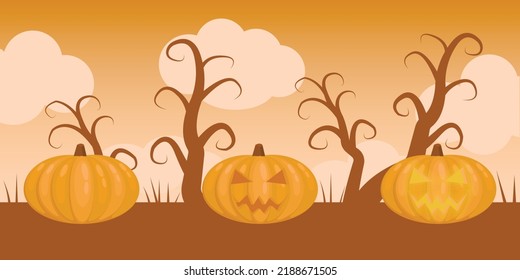 Halloween pumpkin cute illustrations set. Orange pumpkin, with a face, with a candle inside. Helloween with holiday pumpkin for October party. Flat vector illustrations isolated