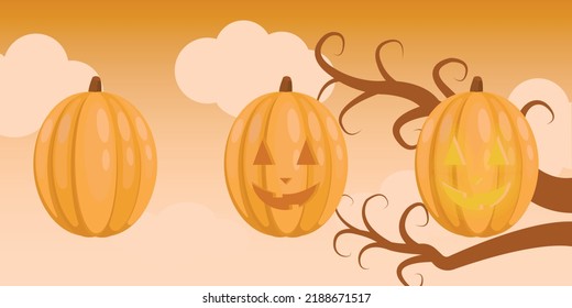 Halloween pumpkin cute illustrations set. Orange pumpkin, with a face, with a candle inside. Helloween with holiday pumpkin for October party. Flat vector illustrations isolated