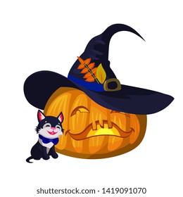 Halloween pumpkin and cute kitten