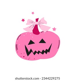 Calabaza de Halloween. Calabaza rosa suave con un arco. Icono aislado en fondo blanco. Ilustración vectorial. Feliz Halloween. Ilustración de moda para postal, volante, banner