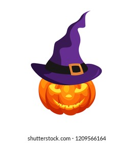 Halloween pumpkin with a cut-out grimace and witch hat isolated on white background. Happy Halloween concept or template. Autumn holidays. Vector Illustration.