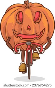 halloween pumpkin cycling with road bike mascot character vector illustration