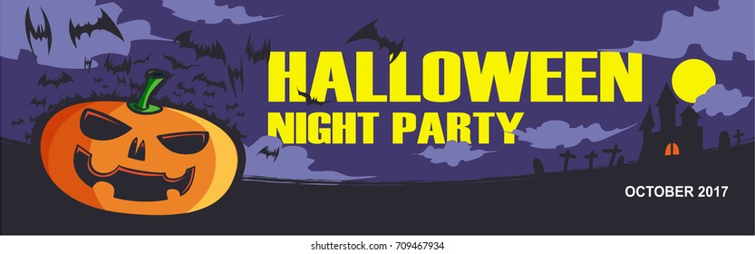 Halloween pumpkin and dark castle on purple sky whit full Moon background, illustration banner