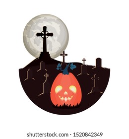halloween pumpkin with dark face lamp in cemetery scene