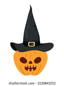 halloween pumpkin with dark face and witch hat