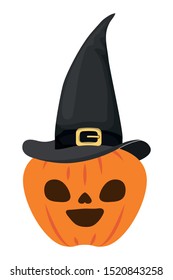 halloween pumpkin with dark face and witch hat
