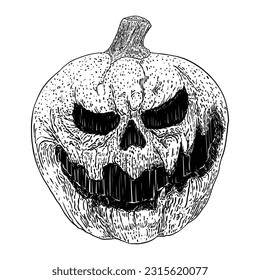 Halloween pumpkin dark hand drawing for welcome celebration front yard decoration. All Saints day spirits Infernal and mystical carved head. Vector.