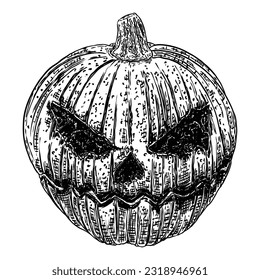 Halloween pumpkin dark hand drawing for welcome celebration front yard decoration. All Saints day spirits Infernal and mystical carved head. Vector.