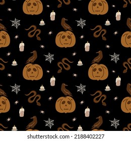 Halloween pumpkin dark pattern. Horror pumpkin, black Raven snake spider seamless pattern Black Halloween background. Hand drawn spooky card Dark academia print, packaging design. Funny illustration.