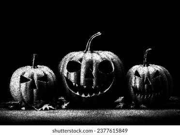 Halloween pumpkin in the dark in retro dotwork style. Mysterious Halloween Jack in vintage style.