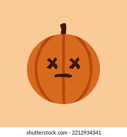 Emoticon Muerto de Calabaza de Halloween, Emoto de Cara Naranja con Ojos Cruzados, Vacaciones de Octubre Jack O Lantern Vector Aislado.