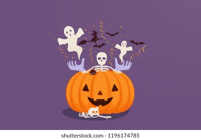 Halloween pumpkin with dead man's hands and skeleton inside, flying ghosts, bats and witch. Greeting card and festive halloween concept.