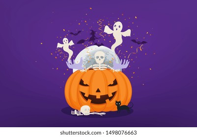 Halloween pumpkin with dead man's hands and skeleton, flying ghosts, black cat, bats and witch. Festive halloween concept.