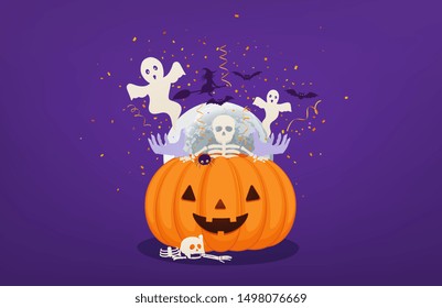 Halloween pumpkin with dead man's hands and skeleton, flying ghosts, bats and witch. Festive halloween concept.