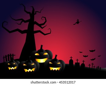 Halloween pumpkin  and dead tree in cemetery with bloody sky night background