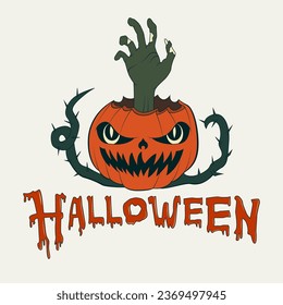 Halloween pumpkin with deadly hand and bloody text