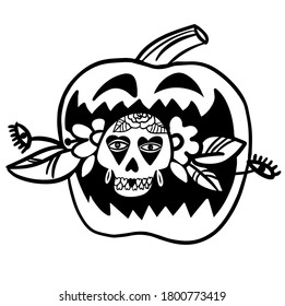 Halloween, Pumpkin decorated with a skull and flowers. Mexican sugar skull. Day of the dead. Dia de los muertos. Floral Decorated skull. Vector illustration. Doodle element for logo, label, emblem