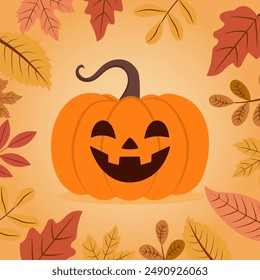 La calabaza de Halloween se representa con una sonrisa y un pedúnculo.Hojas de otoño en tonos cálidos, creando un ambiente acogedor y festivo.Ilustración vectorial