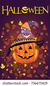 halloween pumpkin design with decorated witch hat