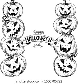 Halloween pumpkin design template. Hand drawn invitation. Pumpkins sketch illustration. Vector illustration with Halloween symbols. Autumn holidays. 