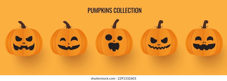 Calabaza de Halloween con diferentes emociones sobre el fondo naranja. Ilustración de corte de papel y estilo artesanal. Feliz Halloween