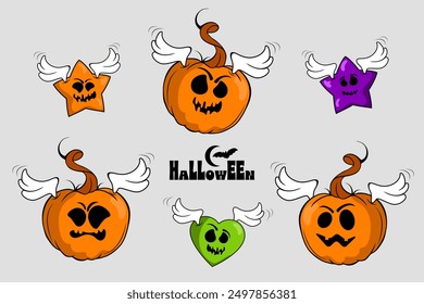 halloween pumpkin with different emotions, set monsters pumpkins, stars and heart