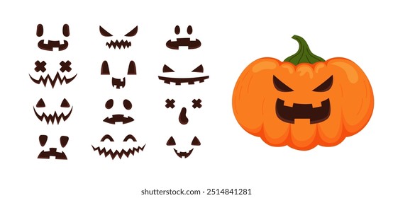 Abóbora de Halloween com emoções diferentes. Conjunto de faces assustadoras para jack o lanterna. Coleção de vetores