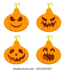 Halloween pumpkin with different scary faces set