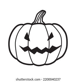 Halloween pumpkin. Doodle pumpkin with scary face. Sketchy black and white drawing, line art. Decoration, celebration of the feast of all saints, design element, icon. Vector illustration isolated