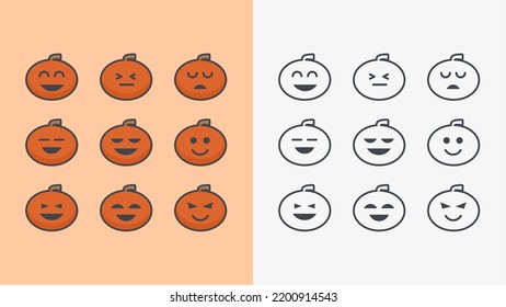 Halloween pumpkin doodle style icon set with simple design and cute expression