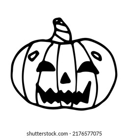 Halloween pumpkin doodle style vector illustration isolated on white background. Smiling Jack o lantern hand drawn graphics