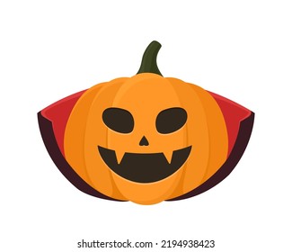 Halloween pumpkin in a dracula costume. Jack O Lantern cartoon character. Vector illustration icon isolated on white background.