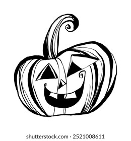 Halloween pumpkin drawing, whimsy character, vector illustration, Jack o lantern, black line, isolated on a white