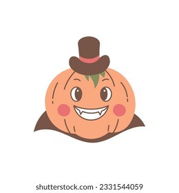 Halloween pumpkin dressed as Dracula.Funny cartoon Pumpkin in Dracula costume. Vector illustration for Holiday and celebration design. Cute happy pumpkin in cylinder hat and collar on white background