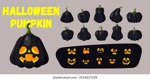 Halloween pumpkin eager faces constructor color vector layout set. Jack o light sentiments for gather time event character arrange