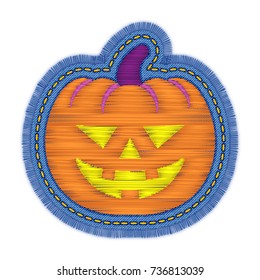 Halloween pumpkin embroidery design. Print vector color graphic illustration. Decorative element for needlework, patch, badge, sticker, web design. Pattern on jeans texture with art stitch and fringe