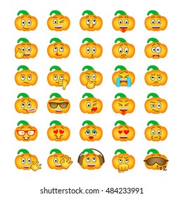 Halloween pumpkin emoji emoticons set. Smiley face holiday symbol flat vector icons. Different facial emotions and expressions. Cute cartoon character mood and reactions for text chat or web messenger