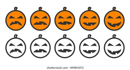 Halloween Pumpkin Emoji icons, emoticons for rate of satisfaction level. Five grade smileys for using in surveys. Colored and outline icons. Isolated vector illustration on white background
