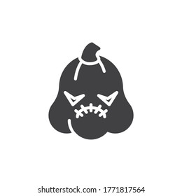Halloween pumpkin emoji with stitched mouth vector icon. filled flat sign for mobile concept and web design. Horror pumpkin emoticon glyph icon. Symbol, logo illustration. Vector graphics