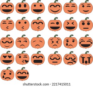 Halloween Pumpkin Emoticons Set. Smile, Sad, Angry, Happy, Laugh, Cry Face Vector Illustration