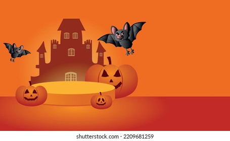 Halloween with pumpkin and empty minimal podium pedestal product display background and Halloween Elements. Website spooky,Background or banner Halloween template.