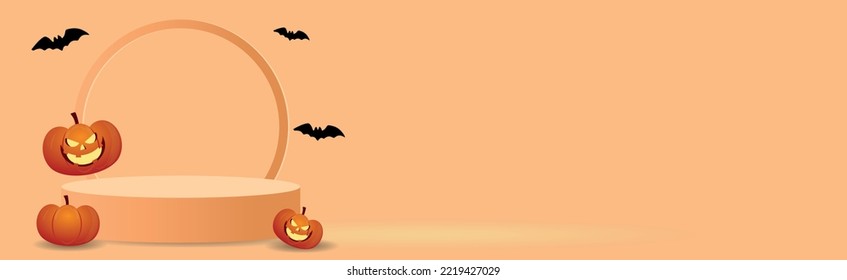 Halloween con calabaza y cartón mínimo vacío de producto de peatón de podio con fondo y elementos de Halloween. Sitio web espantado, fondo o banner Halloween.