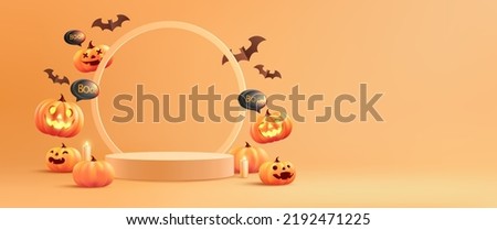 Halloween with pumpkin and empty minimal podium pedestal product display background and Halloween Elements. Website spooky,Background or banner Halloween template
